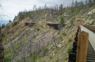 Kettle Valley Railway Myra Canyon, view of trestles ahead after trestle 13, 2010-08.
